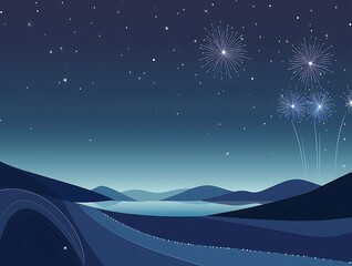 Wall Mural - Night landscape with fireworks over calm lake and mountains.