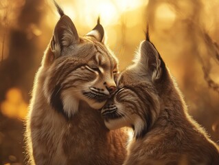 Aufkleber - Two lynx cuddling, illuminated by golden sunset.