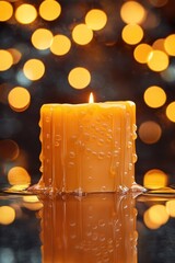 Fototapete - Lit candle with wax dripping, bokeh lights.