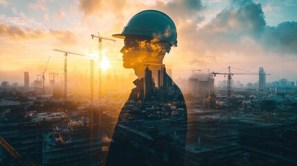Aufkleber - Silhouette engineer overlaid cityscape at sunset.