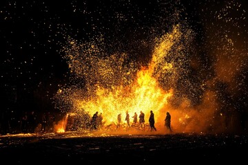 Poster - Fiery bonfire with silhouetted people sparks at night.