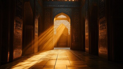 Poster - Ornate hallway with golden light streaming through an archway.