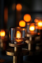Poster - Lit glass candle holders with orange glow.