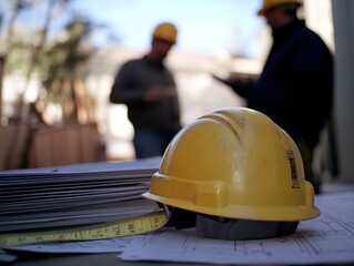 Poster - Construction workers planning on site with safety helmet and blueprints.