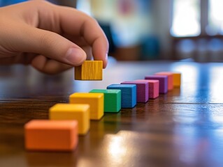 Aufkleber - Hand places wooden block onto aligned colorful blocks.