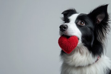 Wall Mural - Border collie holding red heart toy in mouth on light background.