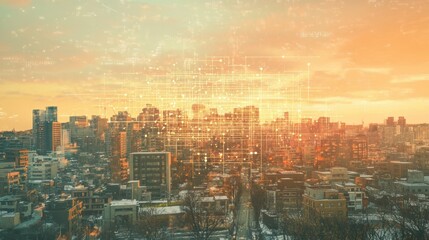 Leinwandbilder - Cityscape enhanced with neural network design illustrating integration of artificial intelligence in urban environments. Generative AI