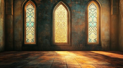 Wall Mural - A room with three windows and a floor. The windows are stained glass. The room is empty