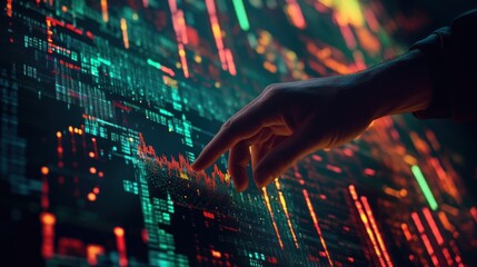 Aufkleber - Hand interacts with glowing, data-filled display.