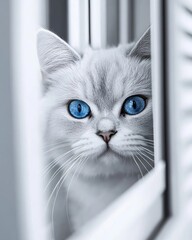 Aufkleber - Grey cat with bright blue eyes looking through blinds.