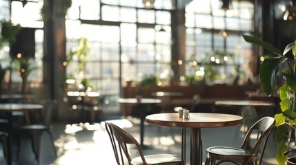 Aufkleber - Empty cafe with plants, sunlight shines through large windows.