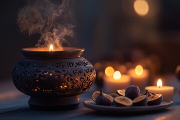 Poster - Candlelight illuminates figs and ornate burner.