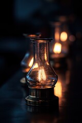 Poster - Row of lit decorative lamps on dark surface.