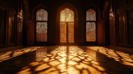 Aufkleber - Sunlit interior with ornate arched windows casting intricate shadows on polished floor.