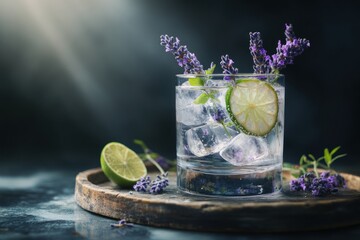 Poster - Gin cocktail with lime and lavender on a wooden board.
