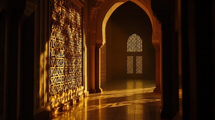 Poster - Interior corridor with golden light and ornate arches.