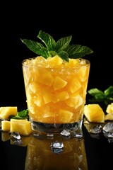 Poster - Pineapple chunks with mint leaves and ice in a glass on black.