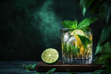 Poster - Mojito with lime and mint on a dark green setting.
