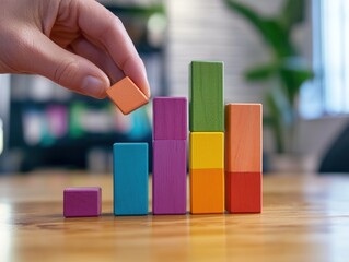 Leinwandbilder - Hand stacks colorful wooden blocks into bar graph on table.