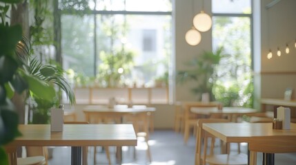 Poster - Blurred indoor cafe with wooden tables, chairs, and plants.