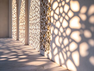 Poster - Ornate shadows cast by carved wall openings, warm light.
