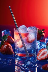 Poster - Strawberry drink with ice on blue surface and red background.