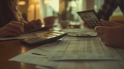 Poster - People calculating finances with calculators, papers.