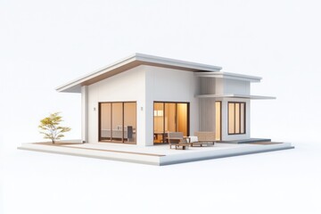 Poster - Modern white house exterior with furniture, and small tree, isolated.