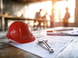 Poster - Red hardhat and tools on blueprints with people in background.
