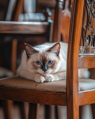 Wall Mural - Blue-eyed cat rests on ornate wooden chair indoors.