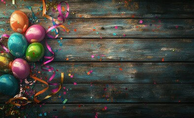 Poster - Festive balloons, ribbons, confetti on rustic wood.