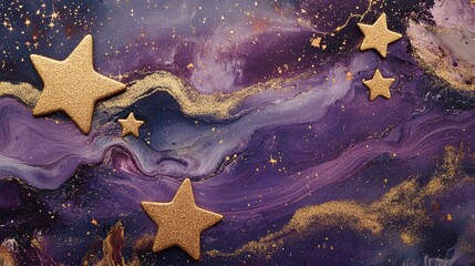 Leinwandbilder - Glittering Stars Over Purple Cosmic Background with Swirls and Shimmering Dust