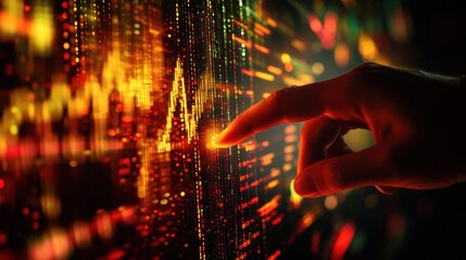 Fototapete - Hand touches glowing digital data graph.