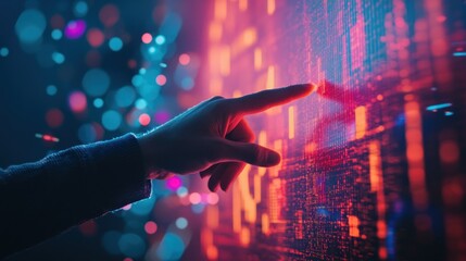 Leinwandbilder - Finger touches vibrant, glowing tech interface.