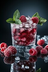 Poster - Raspberry drink with ice & mint on dark.