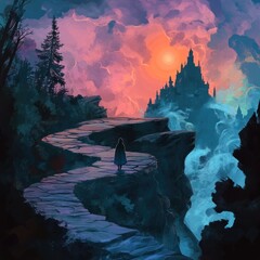 Poster - A lone figure stands on a winding path overlooking a majestic castle nestled amidst a dramatic, colorful sky and clouds.