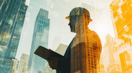 Poster - Engineer in hardhat, double exposure with city buildings.