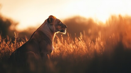 Aufkleber - Lioness sits in tall grass during golden sunset hour.