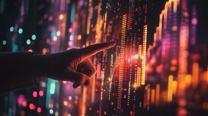 Fototapete - Hand touches glowing data matrix on screen.