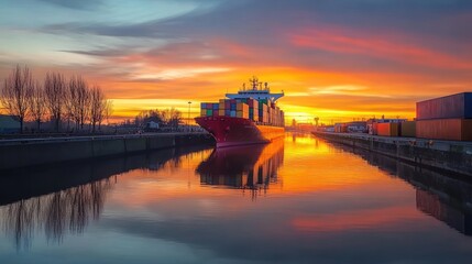Poster - Cargo ship sailing canal at sunset with colorful sky and reflection.