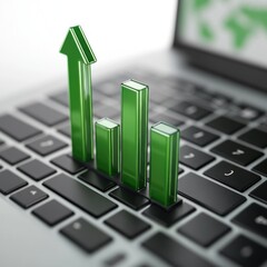 Poster - Green graph bars rising on a laptop keyboard.