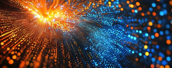abstract digital background, glowing dots, technology concept, blue and orange lights, depth perspective, futuristic design, data visualization, vibrant