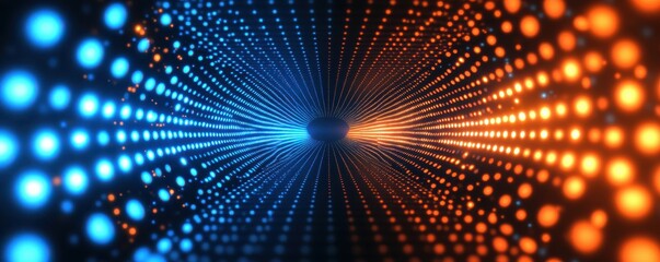 abstract digital background, glowing dots, technology concept, blue and orange lights, depth perspective, futuristic design, data visualization, vibrant