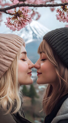 LGBTQ Couple Kissing at Mount Fuji, Japan, Cherry Blossoms