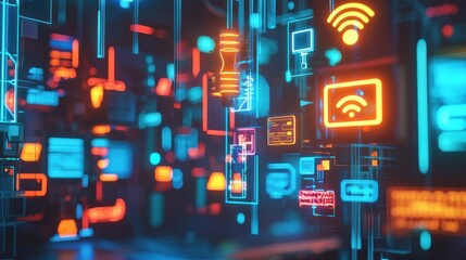 Wall Mural - neon digital network: abstract futuristic technology