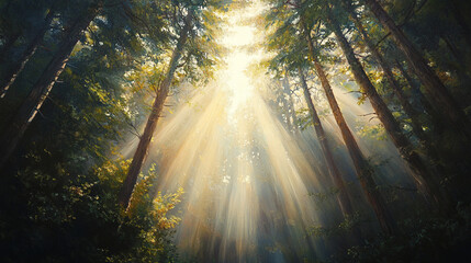 Wall Mural - Sunlight filtering through towering trees in a tranquil forest setting. 