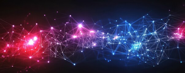 Abstract digital data background with interconnected binary code patterns, futuristic network structure, and glowing technology elements representing information flow and data analytics