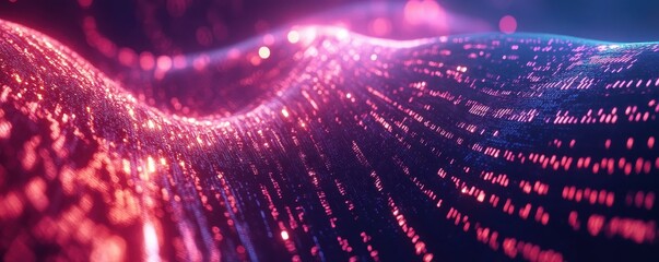 Abstract digital data background with interconnected binary code patterns, futuristic network structure, and glowing technology elements representing information flow and data analytics