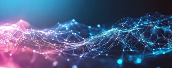 Abstract digital data background with interconnected binary code patterns, futuristic network structure, and glowing technology elements representing information flow and data analytics