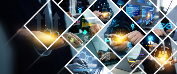 Aufkleber - Global business network technology panoramic banner. Collage of images of digital technology,digital software development,data analysis and social media business strategy. Big data business technology
